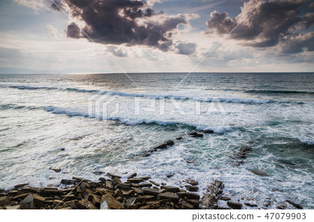 flysch rocks in barrika beach at the sunset 47079903