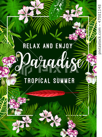 Summer tropical palm leaf and flower poster - Stock Illustration ...