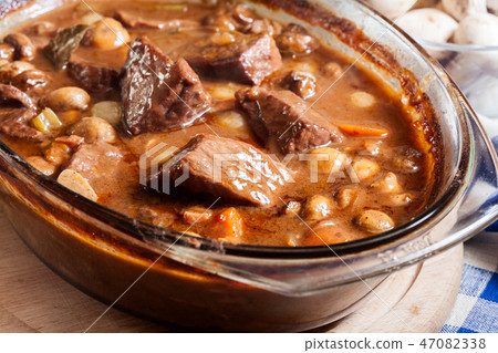 Beef Bourguignon stew in a casserole dish Beef Bourguignon stew in a casserole dish 47082338
