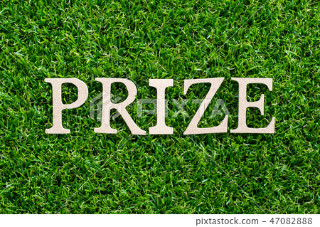 Wood letter in word prize on green grass Wood letter in word prize on green grass 47082888