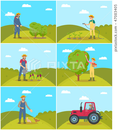 Farmer Spraying Bushes Set Vector Illustration 47083405