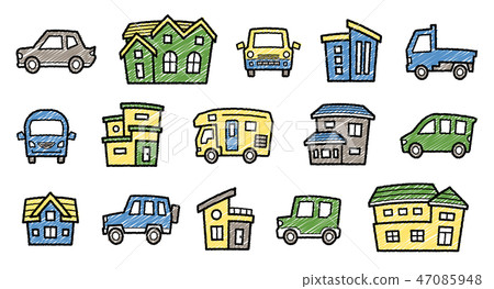 House and car icon gallery (draft-style coloring on hand-written style line drawings) first-string version 47085948