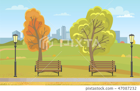 Autumn City Park with Benches and Streetlight Autumn City Park with Benches and Streetlight 47087232