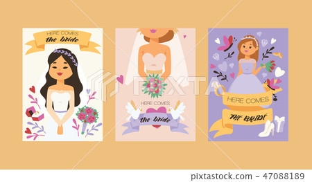 Bride vector bridesmaid woman character in wedding dresses wearing white dressing accessories and 47088189