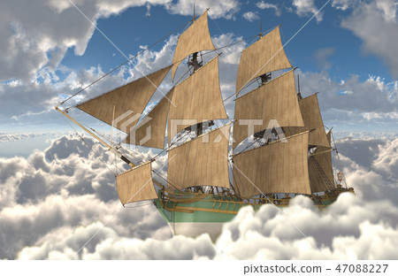 Sailboat flying above the clouds 3d illustration Sailboat flying above the clouds 3d illustration 47088227