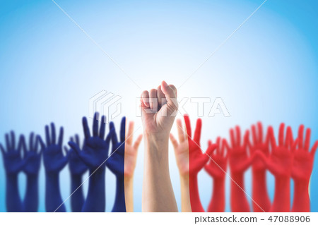 France national flag on people palm hands raising France national flag on people palm hands raising 47088906
