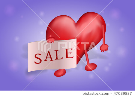 The figure of heart holds in the hands of a poster with the inscription of the sale on a red The figure of heart holds in the hands of a poster with the inscription of the sale on a red 47089887