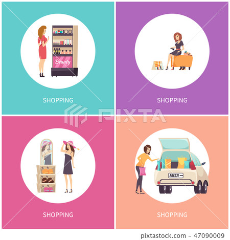 Shopping Women in Stores Shoes and Hats Vector Shopping Women in Stores Shoes and Hats Vector 47090009