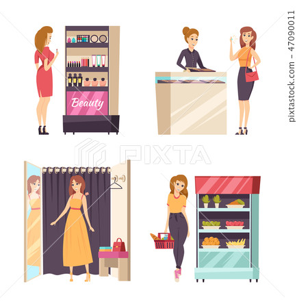 Woman Shopping Trying Clothes Dress Set Vector Woman Shopping Trying Clothes Dress Set Vector 47090011