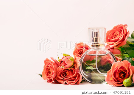 Perfume surrounded by coral roses on pink backgro Perfume surrounded by coral roses on pink backgro 47091191