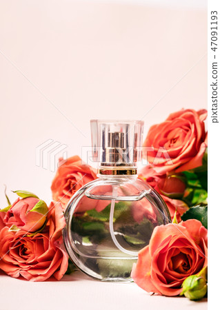 Perfume surrounded by coral roses on a pink backg Perfume surrounded by coral roses on a pink backg 47091193