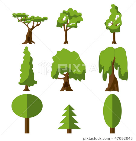 Stylized green tree icon. Cartoon isolated set. Vector illustration 47092043