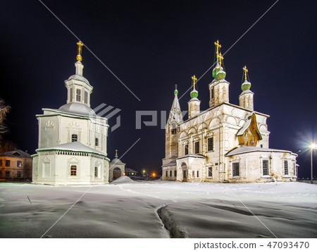 Winter night view ensemble of ancient orthodox churches in Veliky Ustyug 47093470
