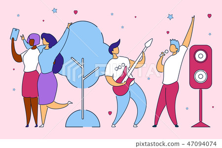Modern flat cartoon characters express emotions on selfie camera,doing self photo in front of Modern flat cartoon characters express emotions on selfie camera,doing self photo in front of 47094074