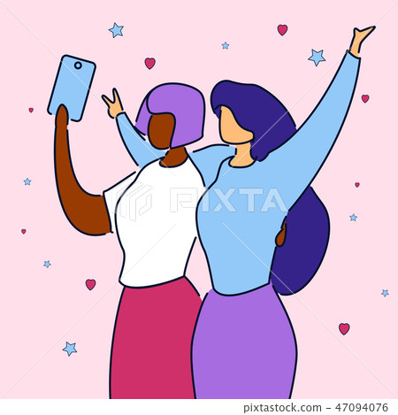 Modern flat cartoon characters express emotions on selfie camera,doing self photo on party,concert Modern flat cartoon characters express emotions on selfie camera,doing self photo on party,concert 47094076
