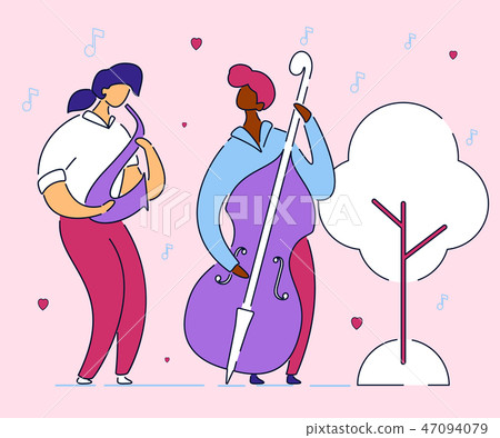 Modern flat cartoon character musical band double bass bassist and saxophone player,vector hand Modern flat cartoon character musical band double bass bassist and saxophone player,vector hand 47094079