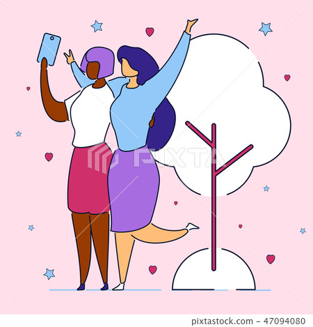 Modern flat cartoon characters express emotions on selfie camera,doing self photo on party,concert 47094080