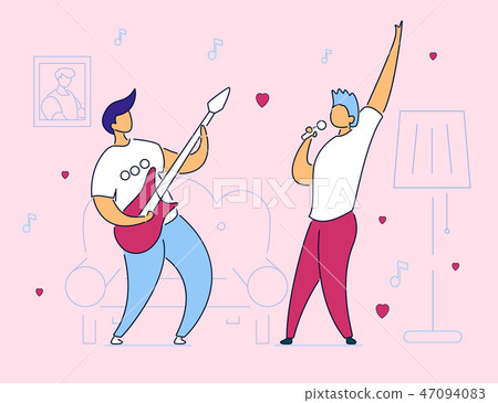 Modern flat cartoon characters musical band guitarist and singer at home party or concert,vector Modern flat cartoon characters musical band guitarist and singer at home party or concert,vector 47094083