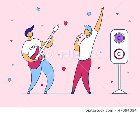 Modern cartoon flat characters musical band guitarist and singer on music fest,concert,open air 47094084