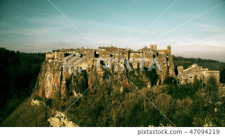 Aerial view of comune and town of Calcata centre built on high rock. Lazio, Italy 47094219
