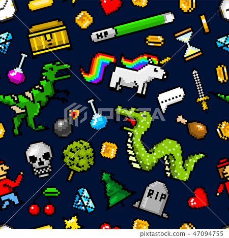 Pixel art 8 bit objects Seamless pattern. Retro game assets. Set of icons. Vintage computer video 47094755