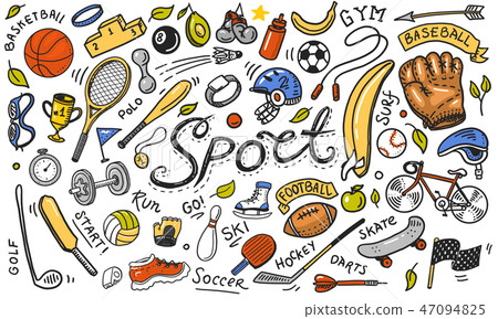 Set of sport icons doodle style. Equipment for fitness and training. Symbols of health and activity 47094825