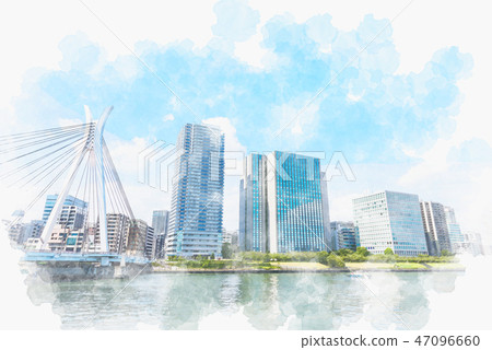 Landscape along the Sumida River Watercolor style 47096660