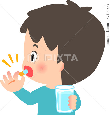 Young men taking capsule medicine 47100575