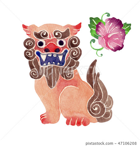 Okinawa shiisa hibiscus watercolor illustration 47106208