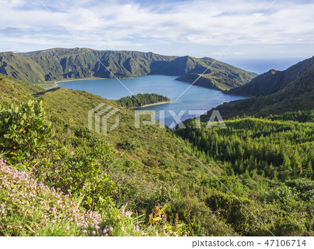 View on beautiful blue crater lake Lagoa do Fogo from viewpoint miradouro da barrosa. Lake of Fire 47106714