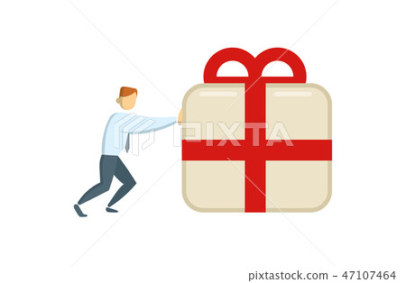 Businessman in white shirt pushing big first aid box forward. Flat vector illustration. Isolated on 47107464