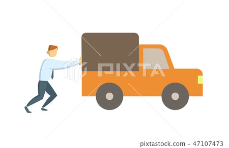 Man in white shirt pushing car forward. Flat vector illustration. Isolated on white background. 47107473