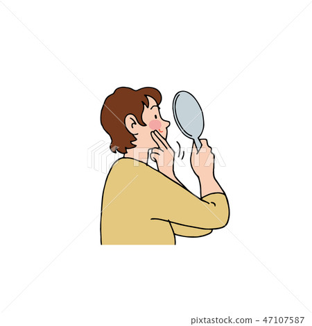 Wife checking skin with hand mirror Wife checking skin with hand mirror 47107587