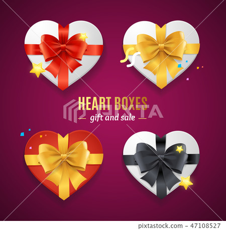 Realistic Detailed 3d Heart Present Boxes Template with Bow Set. Vector 47108527