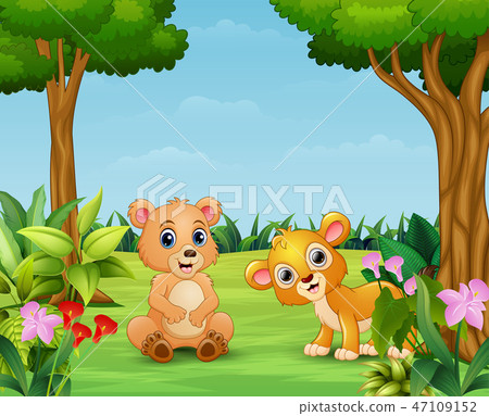 Animal cartoon enjoying in the beautiful nature 47109152