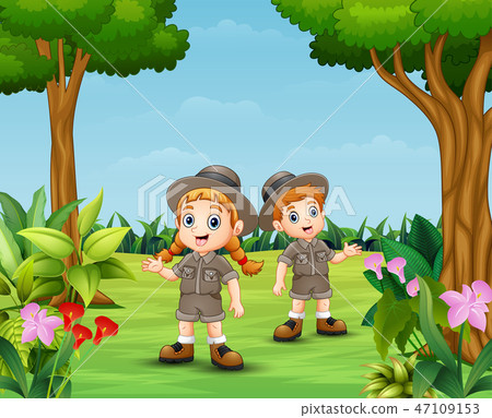 Cartoon of zookeeper boy and girl in the garden 47109153
