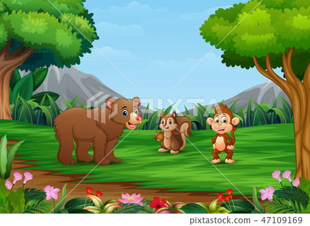 Happy animal cartoon are enjoying in the garden 47109169