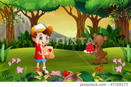 Bear carrying a plate of red heart for boy Bear carrying a plate of red heart for boy 47109173