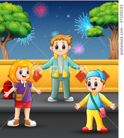 Happy children playing with firework landscape Happy children playing with firework landscape 47109183