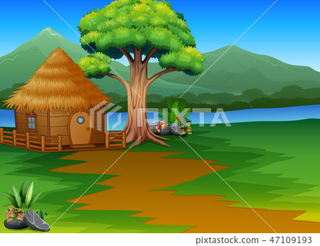 Cartoon Woods Cabin By The River With Mountain Stock