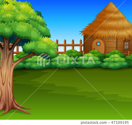 Cartoon of Wood cabin in a green field 47109195