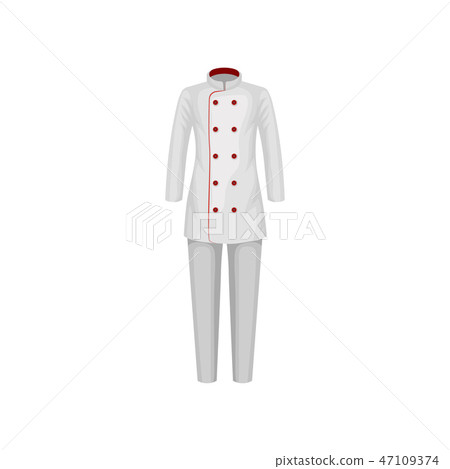 Uniform of restaurant cook. Female jacket and pants. Chef wear. Clothes of kitchen worker. Flat 47109374