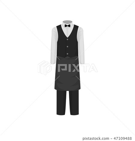 Uniform of waiter. Shirt with bow-tie, vest, pants and apron. Clothes of restaurant worker. Flat 47109488