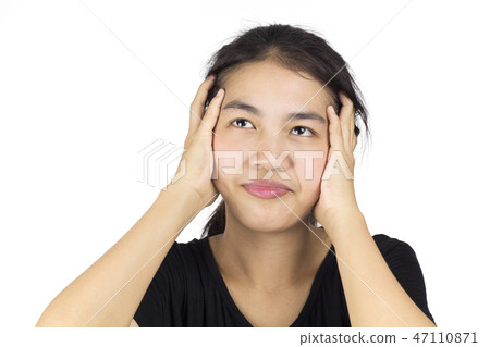 woman hand holding head feel boring her problem woman hand holding head feel boring her problem 47110871