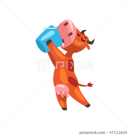 Cute brown cow drinking milk from a bucket, farm animal cartoon character, design element can be 47111629