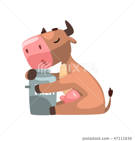 Funny brown cow hugging milk can, farm animal cartoon character, design element can be used for 47111630