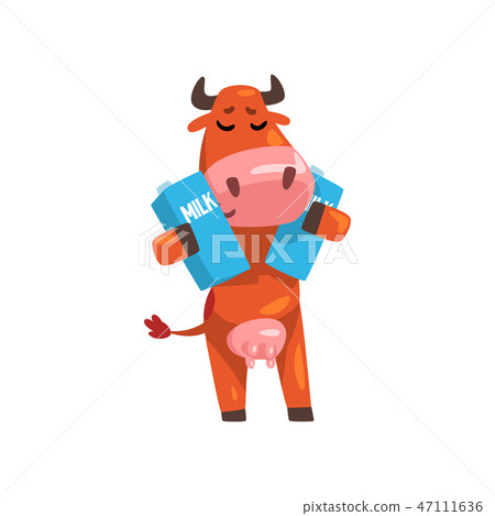 Cheerful brown cow with cartons of milk, farm animal cartoon character, design element can be used 47111636