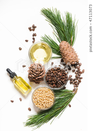 Cedar oil, branches and cedar cone on white.  47113073