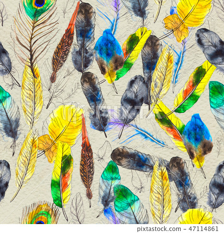 Watercolor feathers seamless pattern. Hand painted texture 47114861