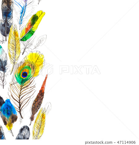 Watercolor frame with colorful feathers on... - Stock Illustration ...